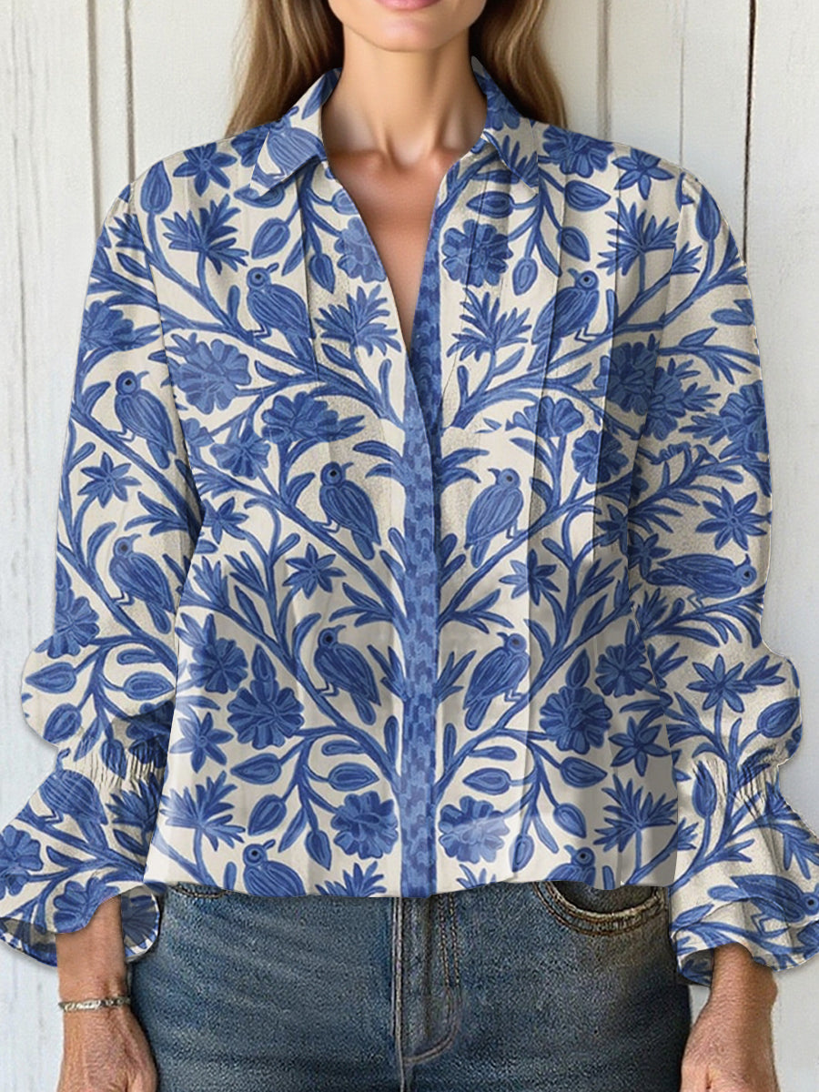 Women's  Vintage Tree Art Print Casual  Cotton And Linen Shirt