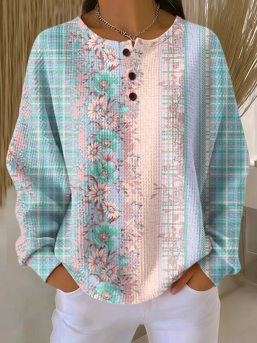 Women's Beautiful Colorful Floral Plaid Art Print Casual Cotton Sweatshirt