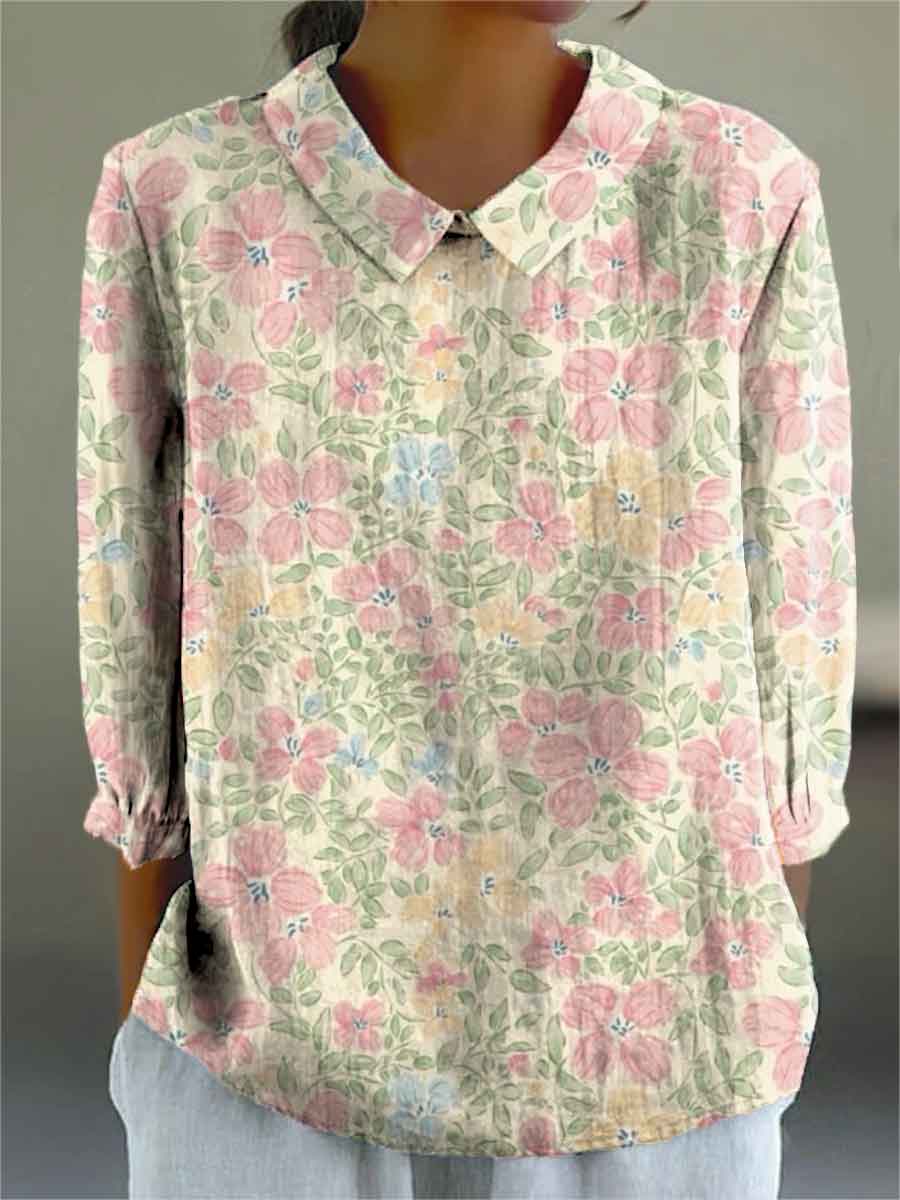 Women's Flowers Print Casual Cotton And Linen 3/4 Sleeve Shirt