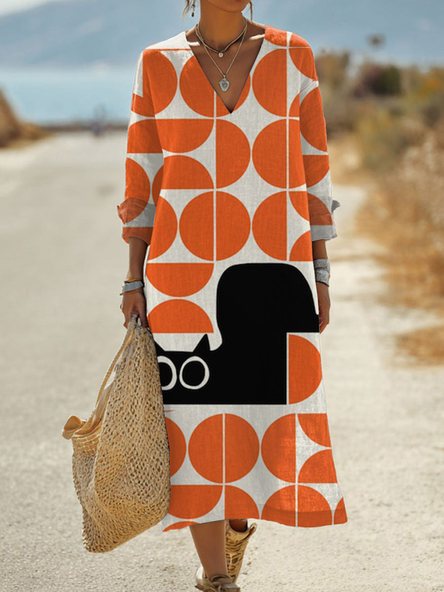 Women's  Mid Century Modern  Cat  Art Print Pocket Cotton Dress