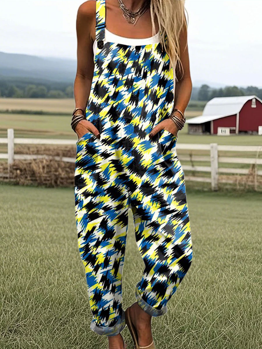 Women's Vintage Color Block Art Print Casual 100% Cotton Wide Leg Jumpsuit