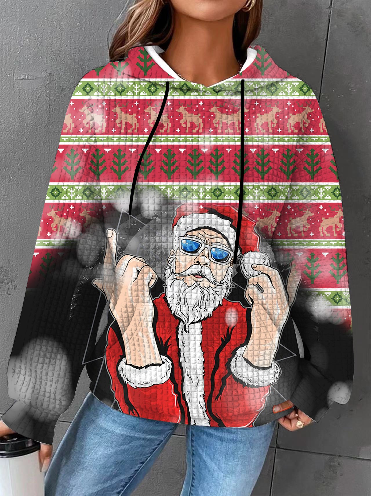 Plus size Autumn/Winter Women's Essential Creative Printed Long Sleeve Hooded Waffle Sweatshirt