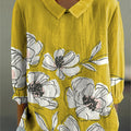 Women's Yellow Flower Pattern Print Casual Cotton And Linen 3/4 Sleeve Shirt