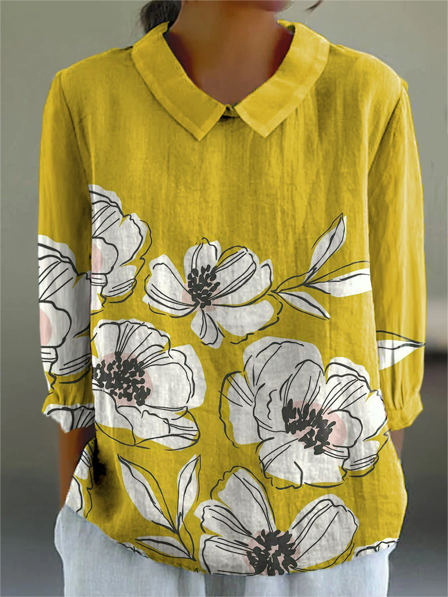 Women's Yellow Flower Pattern Print Casual Cotton And Linen 3/4 Sleeve Shirt