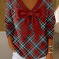 Women's Plaid Print Bowknot V-Neck Long Sleeve Casual Pullover Sweater