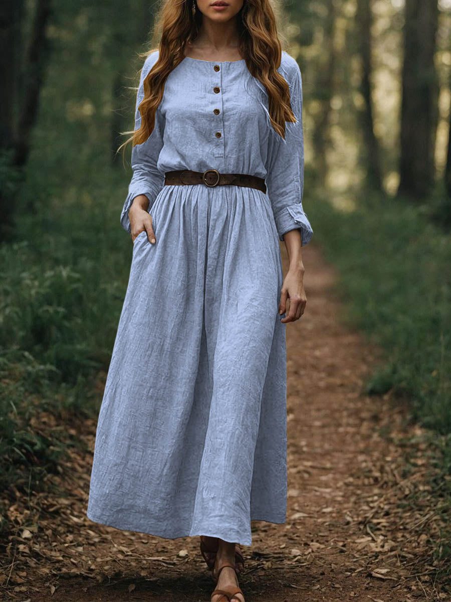 Women's Solid Color Round Neck Long Sleeve Casual Loose Cotton and Linen Dress