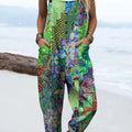 Women's Vintage Floral Art Print Casual 100% Cotton Wide Leg Jumpsuit