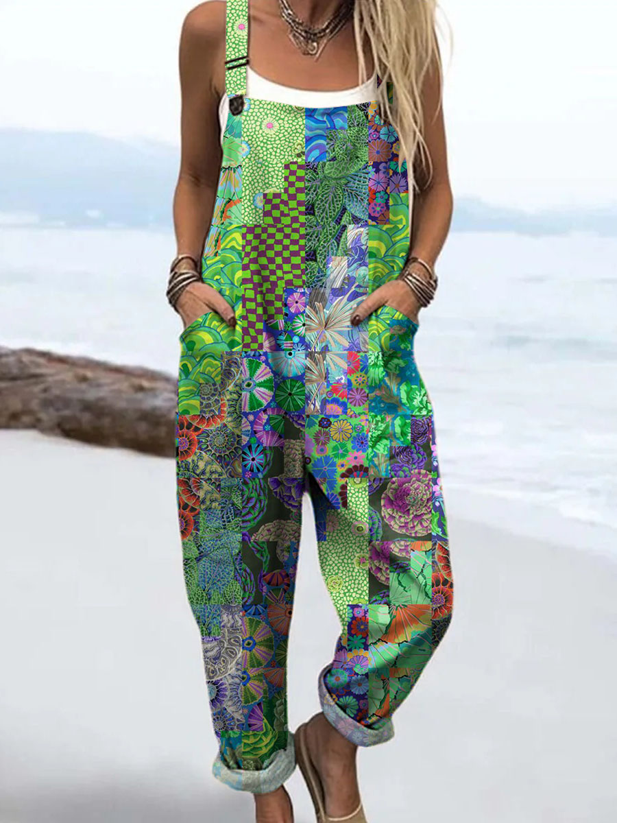 Women's Vintage Floral Art Print Casual 100% Cotton Wide Leg Jumpsuit