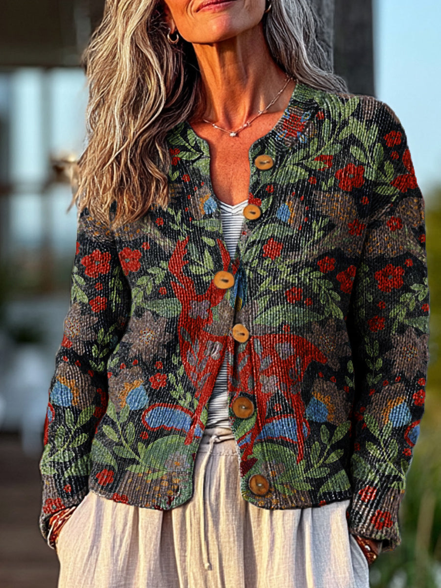vintage-floral-deer-illustration-art-print-buttoned-cardigan-sweater