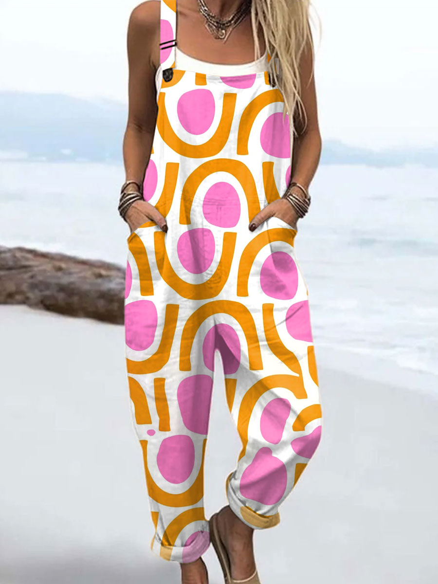 Women's  Vintage Abstract Geometric Art Print Casual 100% Cotton Wide Leg Jumpsuit