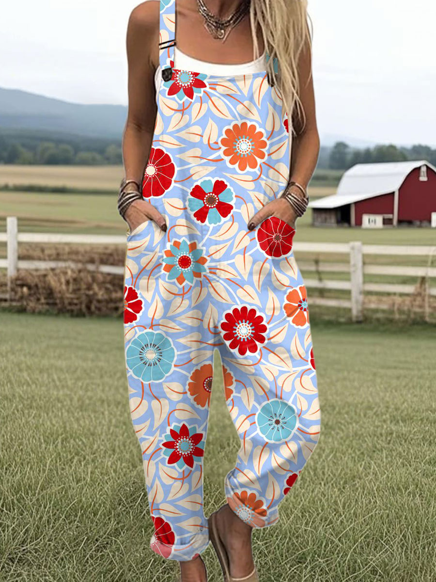 Women's  Vintage Floral Art Print Casual 100% Cotton Wide Leg Jumpsuit