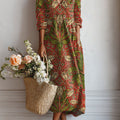 Women's Vintage Flower Art Print Linen Pocket Tunic Dress