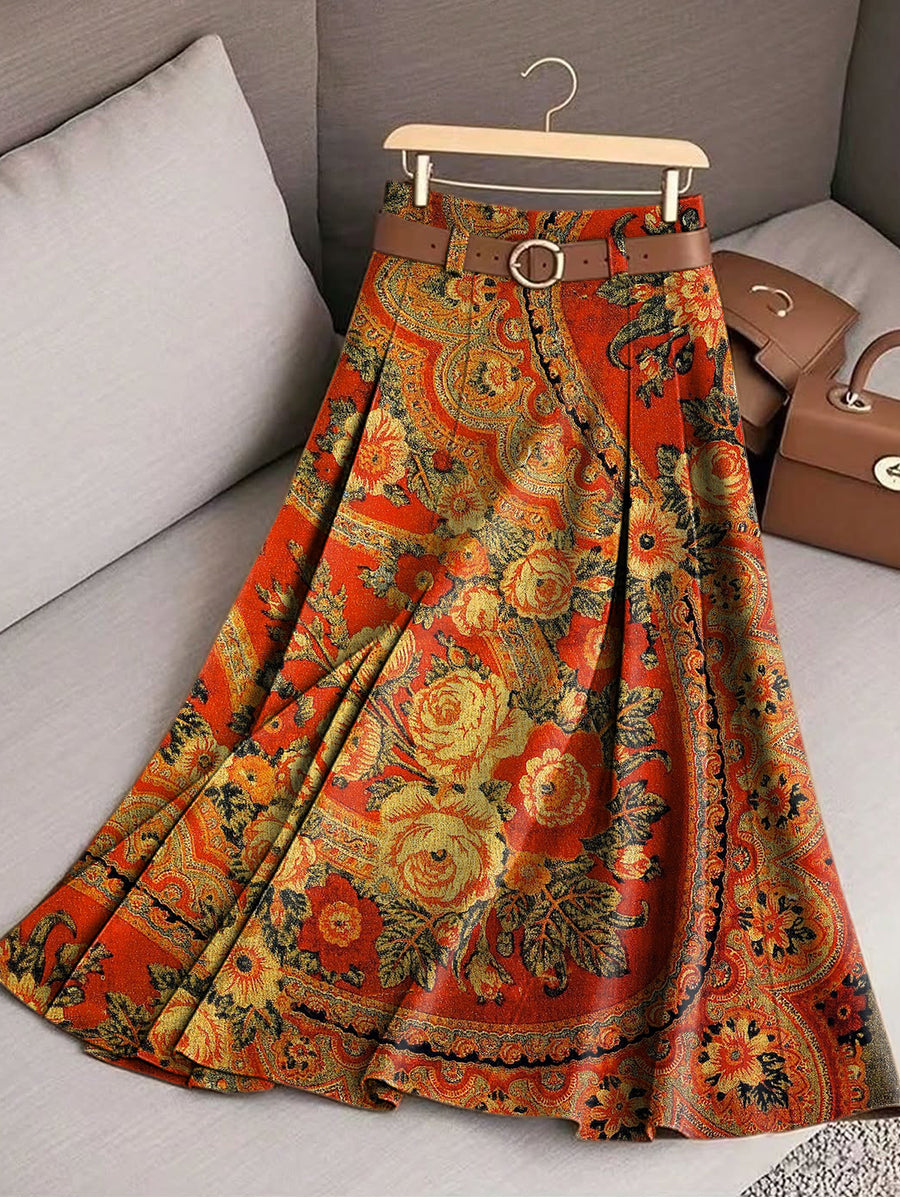 Women's Beautiful Vintage Ethnic Floral Geometric Art Print Cotton Skirt