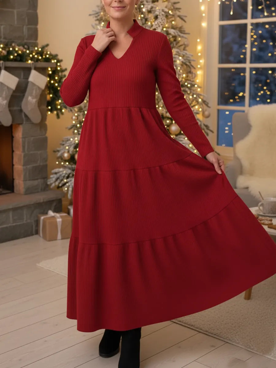 Women's Elegant V-Neck Multi-Layered Hem Knitted Dress