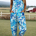 Women's Vintage Floral Art Print Casual 100% Cotton Wide Leg Jumpsuit
