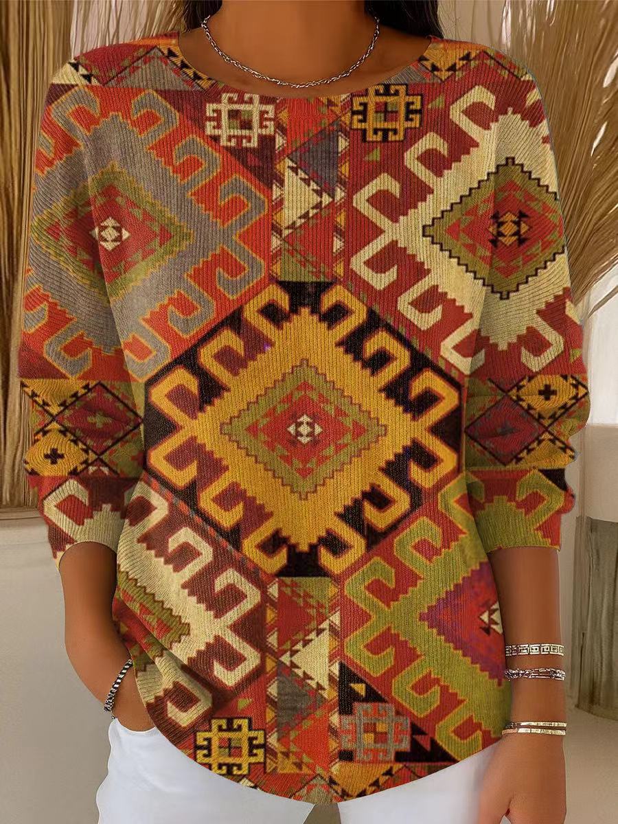 Women's Ethnic Diamond Geometric Pattern Art Print Casual Pullover Sweater