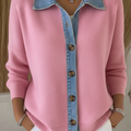 Denim Patchwork Polo Collar Button-down Knitted Cardigan Sweater