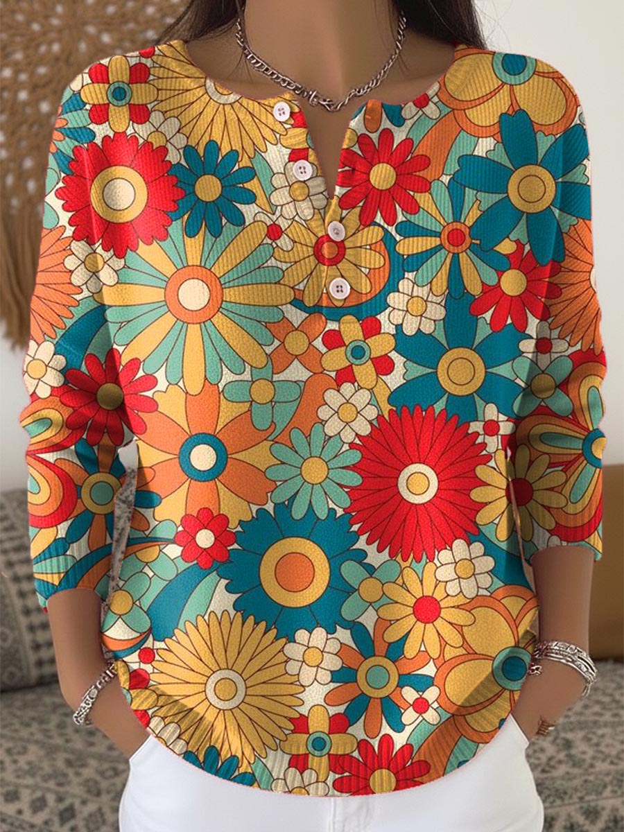 Women's Floral Pattern Art Print Buttoned Cardigan Sweater