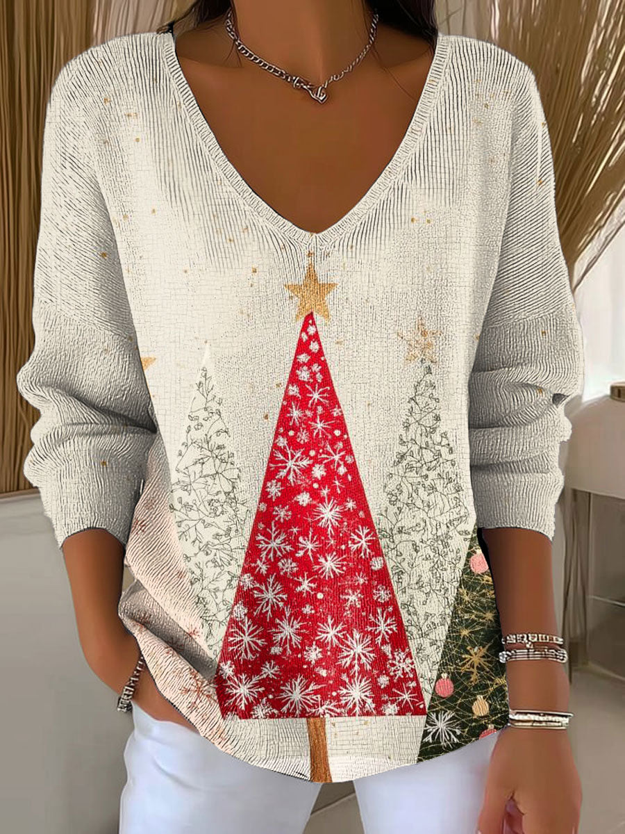 Women's Christmas Tree Pattern Print Casual Pullover Sweater