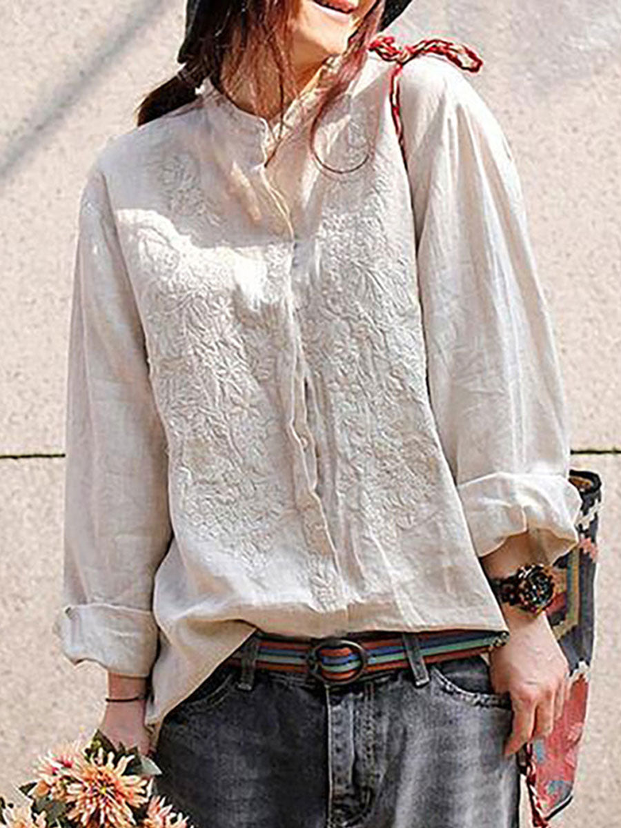 Women's Vintage Flower Art Print Casual Cotton And Linen Shirt