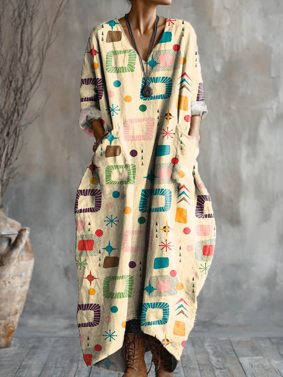 Women's Geometric Pattern Art Pattern Print Pocket V-neck Cotton Dress