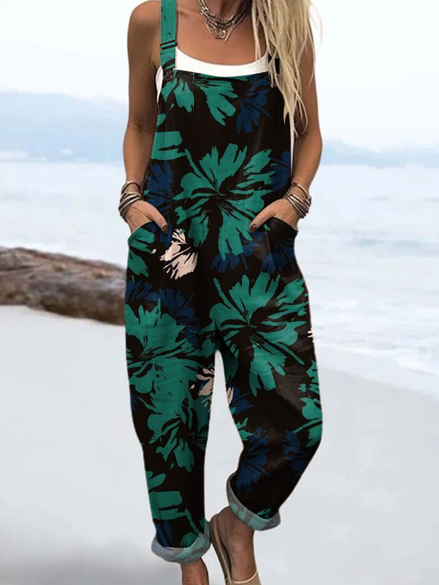 Women's Color Block Botanical Art Print Casual 100% Cotton Wide Leg Jumpsuit