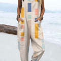 Women's Vintage Abstract Geometric Art Print Casual 100% Cotton Wide Leg Jumpsuit