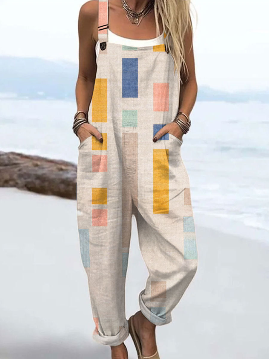 Women's Vintage Abstract Geometric Art Print Casual 100% Cotton Wide Leg Jumpsuit