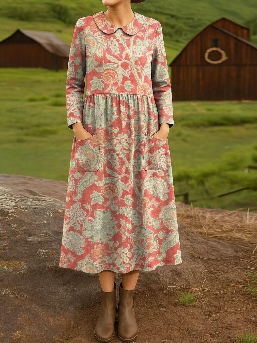 Women's Vintage Floral Art Print Cotton Lapel Shirt Dress