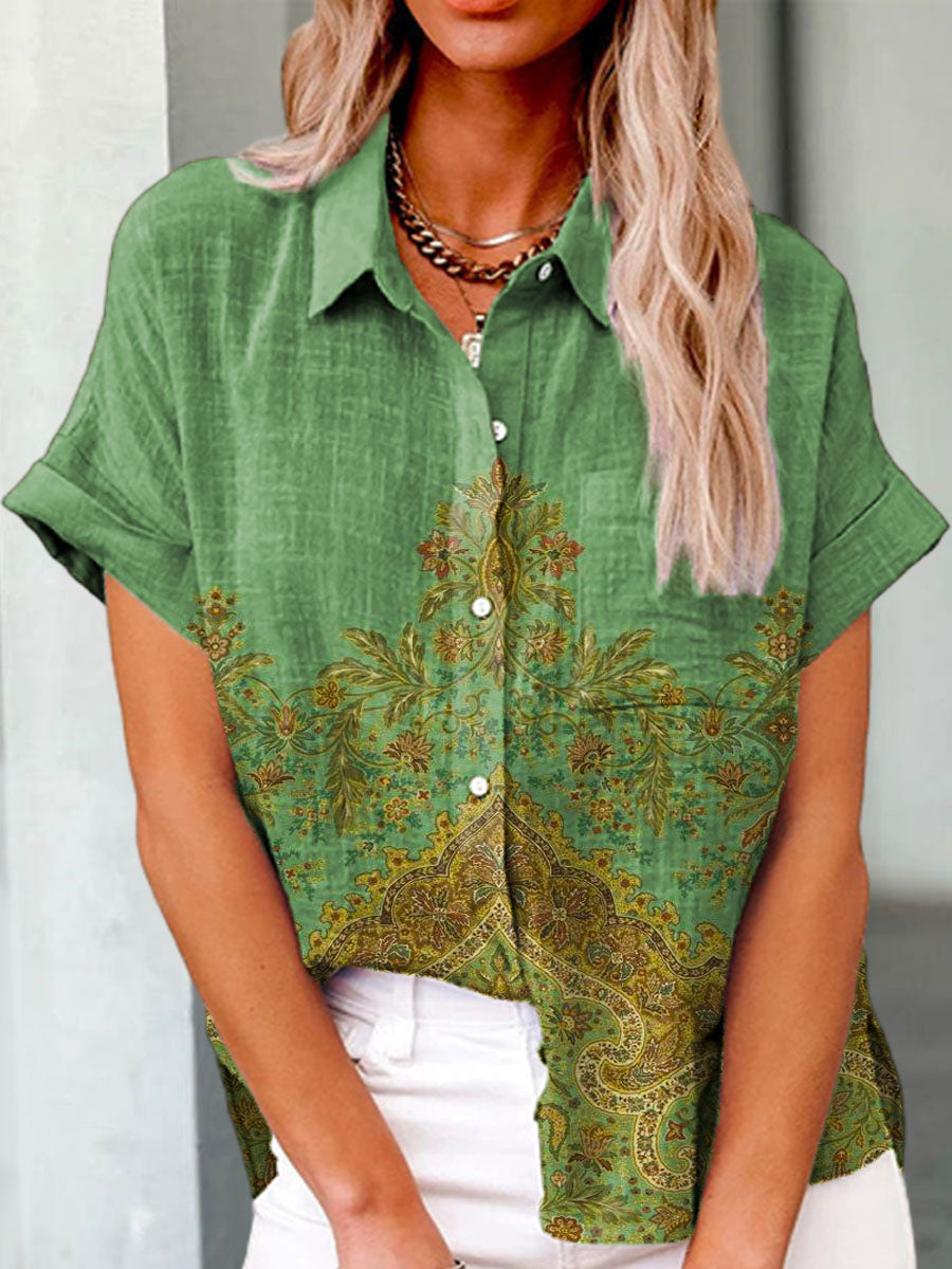 Women's Vintage Floral Pattern Art Print Casual Cotton Shirt
