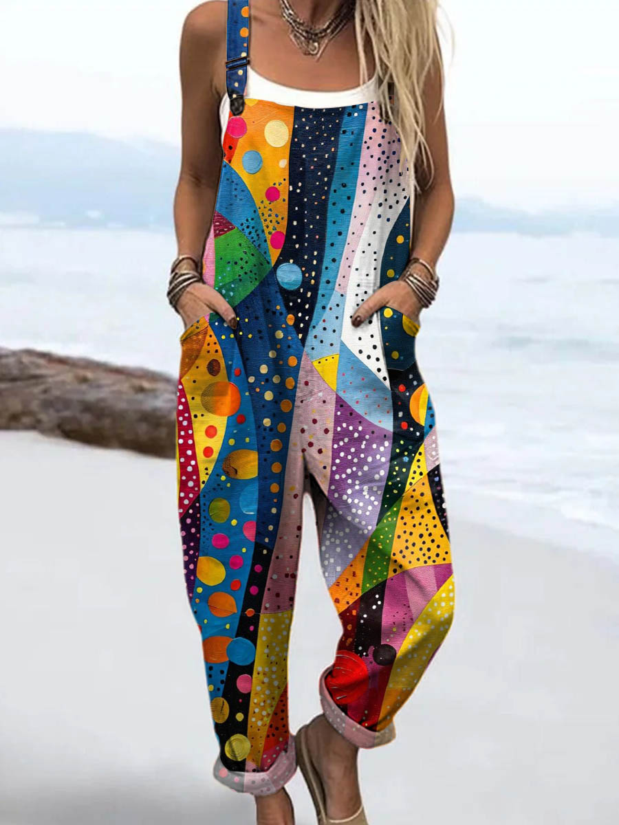 Women's Abstract Pattern Art Print Casual 100% Cotton Wide Leg Jumpsuit