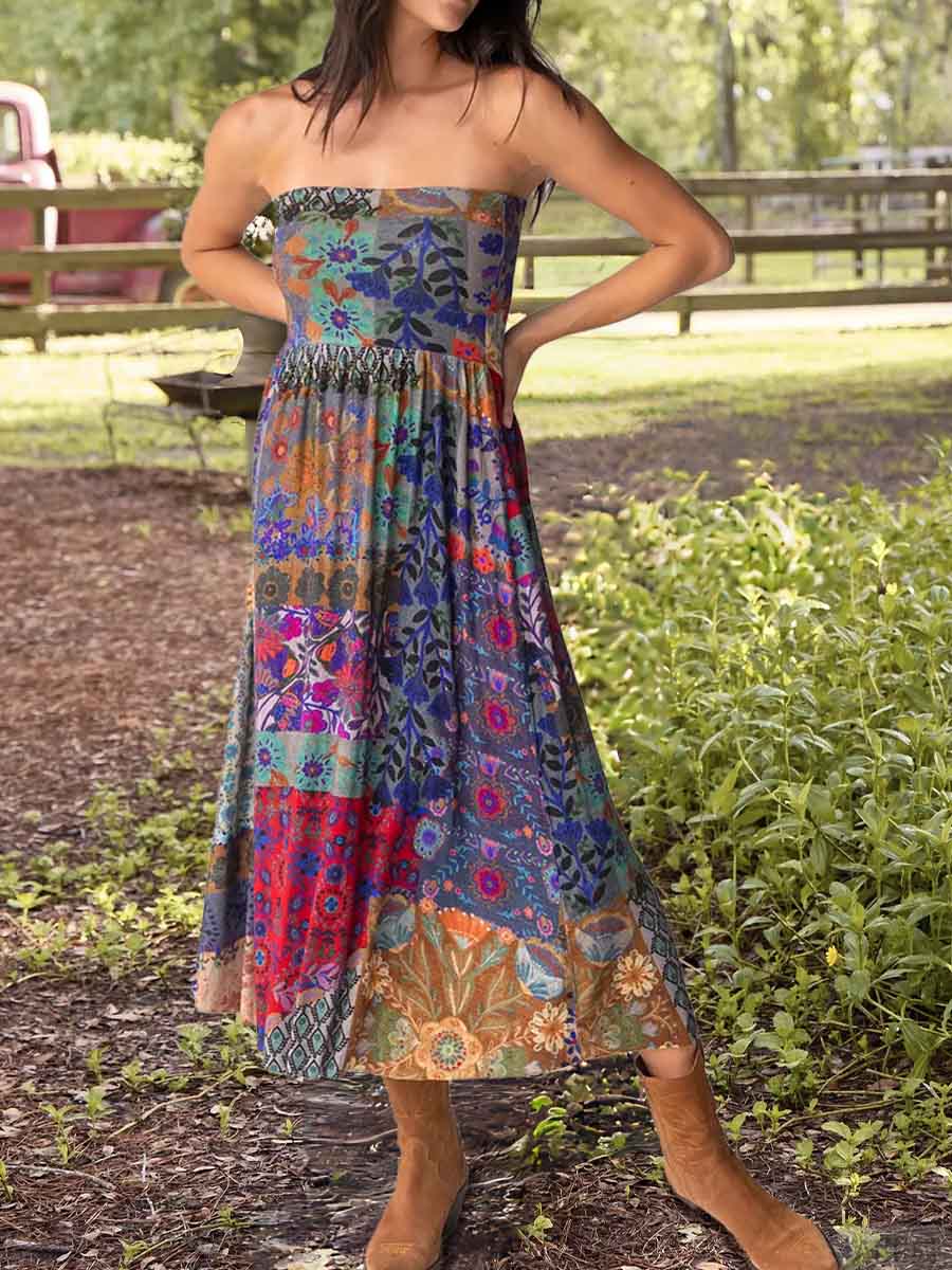 Women's Retro Collage Print Elastic Waist Casual Cotton and Linen Skirt Strapless Dress Two-Way Dress