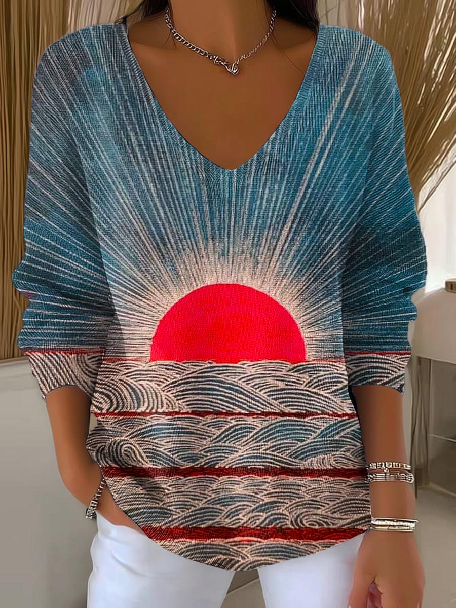 womens-vintage-sun-pattern-art-print-casual-pullover-sweater