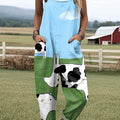 Women's Lovely Cow Art Print Casual 100% Cotton Wide Leg Jumpsuit