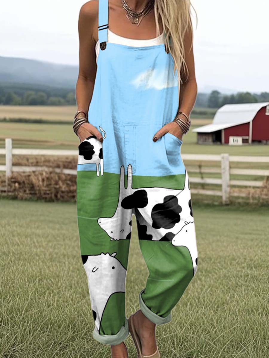 Women's Lovely Cow Art Print Casual 100% Cotton Wide Leg Jumpsuit