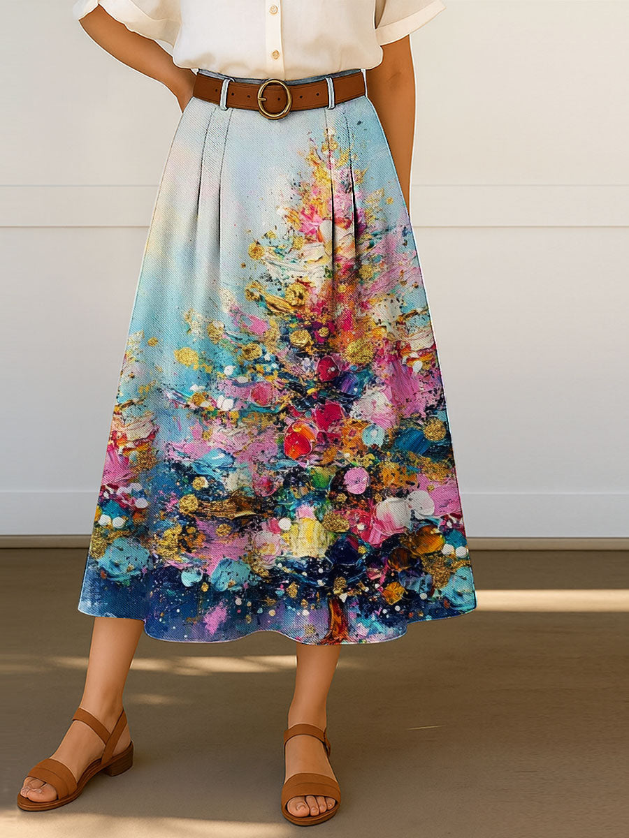 Women's Vintage Christmas Art Print Cotton Skirt