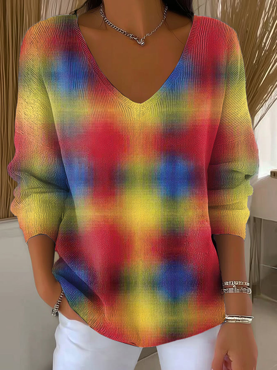 Women's Beautiful Multicolor Check Painterly Art Print Casual Pullover Sweater