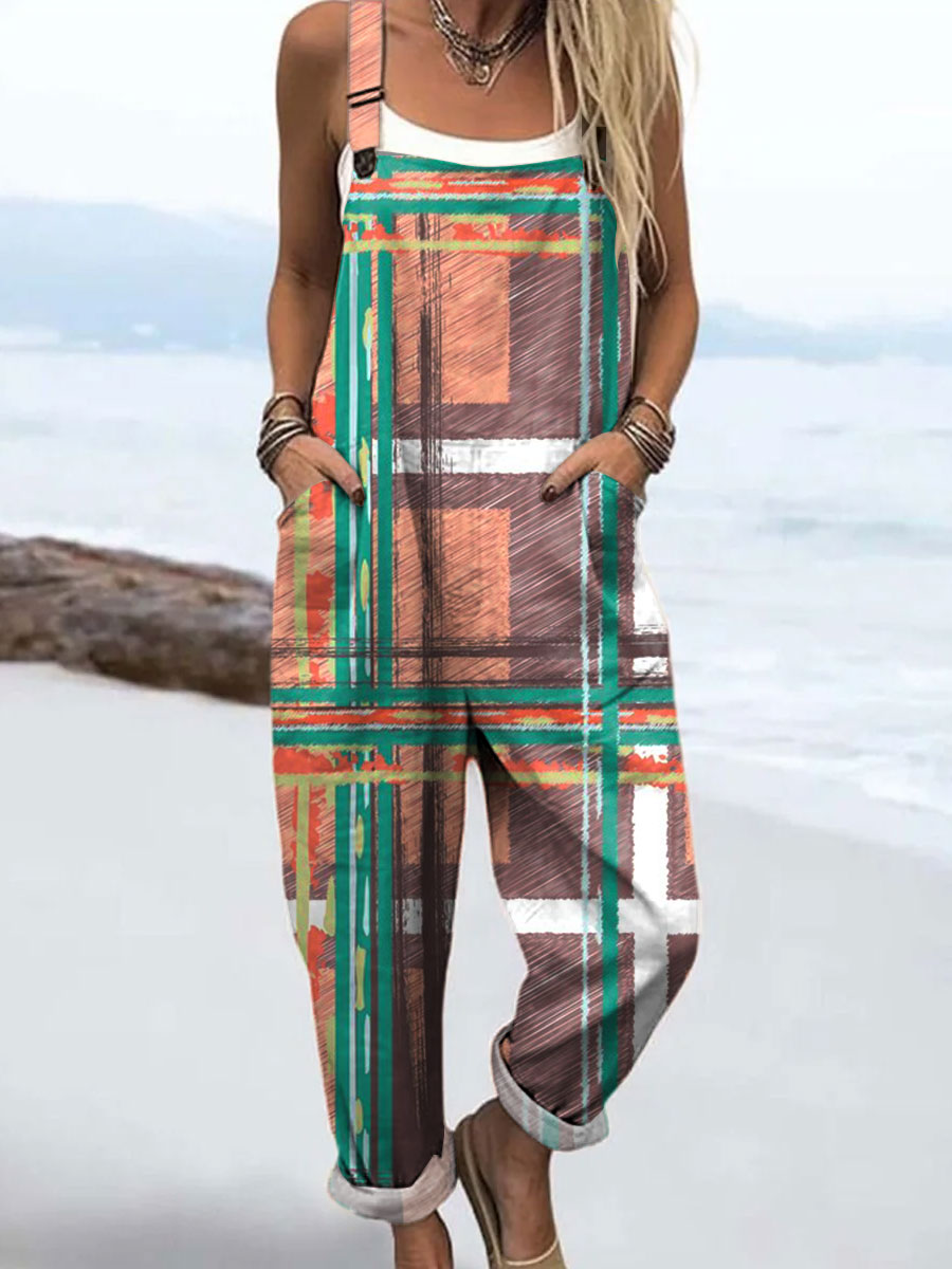 Women's Colorful Abstract Stripes Geometric Art Print Casual 100% Cotton Wide Leg Jumpsuit