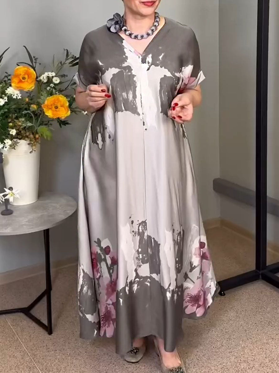 Women's Positioned Print V-Neck Short Sleeve Casual Loose Dress