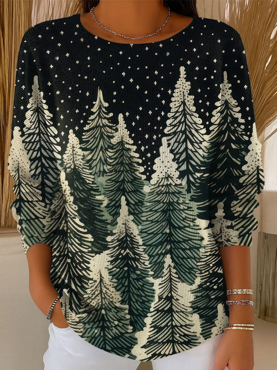 Women's Retro Style Christmas Tree Art Print Casual Pullover Sweater