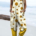 Damen-Jumpsuit mit abstraktem Bienen- und Blumenmuster im Vintage-Stil, 100 % Baumwolle, weites Bein 