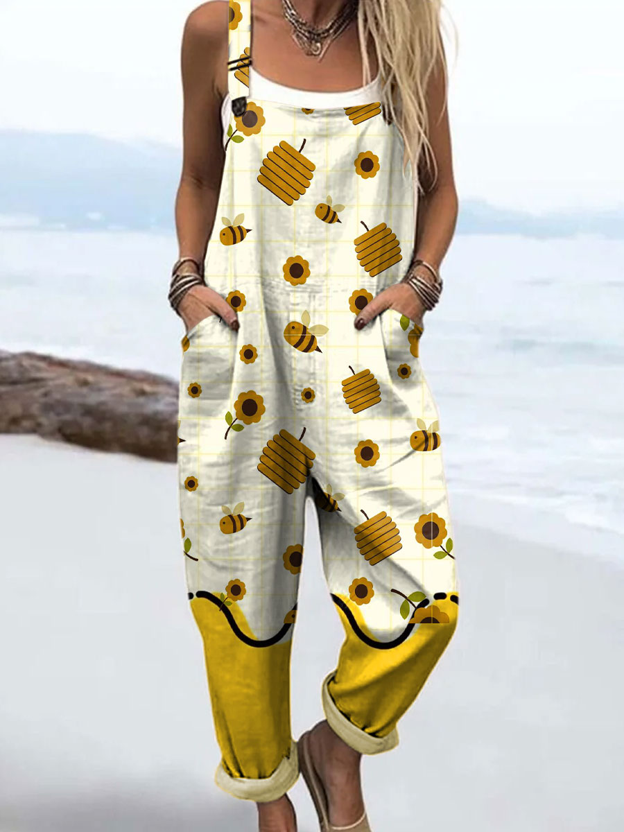 Women's Vintage Abstract Bee Floral Art Print Casual 100% Cotton Wide Leg Jumpsuit