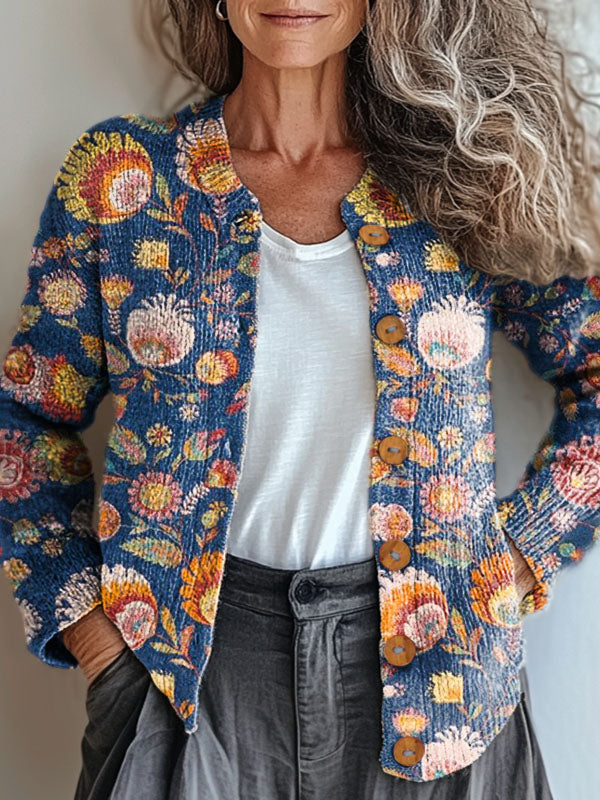 womens-blue-ethnic-art-flowers-print-buttoned-cardigan-sweater