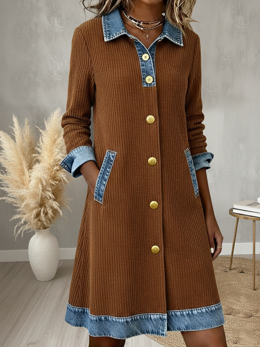 Casual Denim Patchwork Corduroy Button A-line Midi Dress