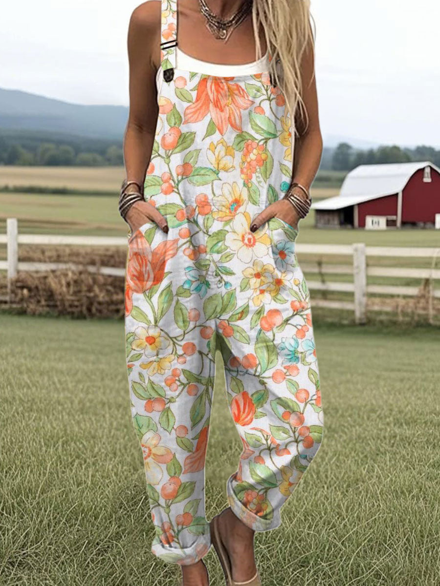 Women's Vintage Floral  Art Print Casual 100% Cotton Wide Leg Jumpsuit