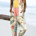 Women's Vintage Abstract Mosaic Flowers Art Print Casual 100% Cotton Wide Leg Jumpsuit