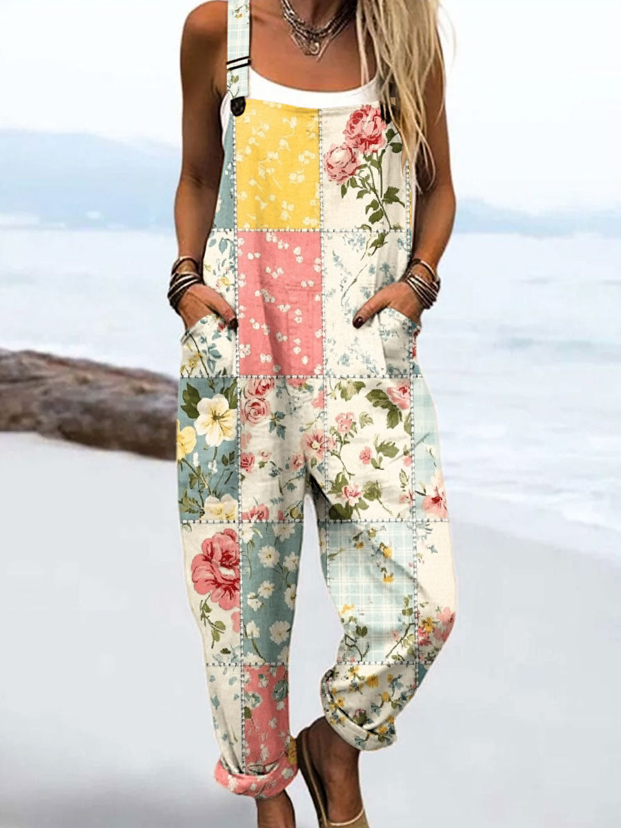 Women's Vintage Abstract Mosaic Flowers Art Print Casual 100% Cotton Wide Leg Jumpsuit