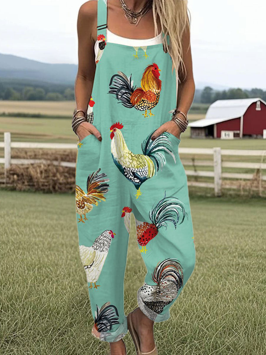 Women's Funny Chick Art  Print Casual 100% Cotton Wide Leg Jumpsuit