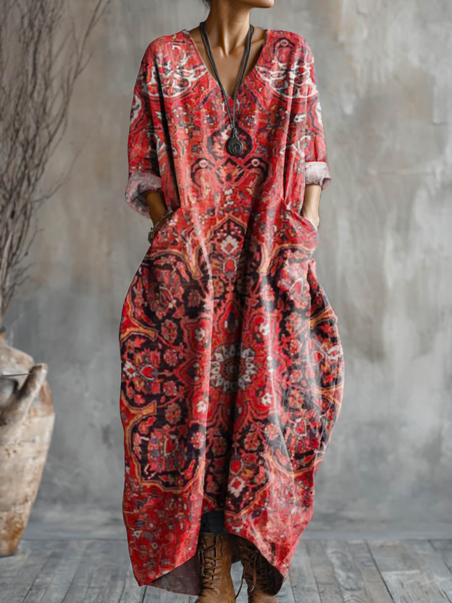 Women's Vintage Floral Pattern Art Print Pocket V-neck Cotton Dress