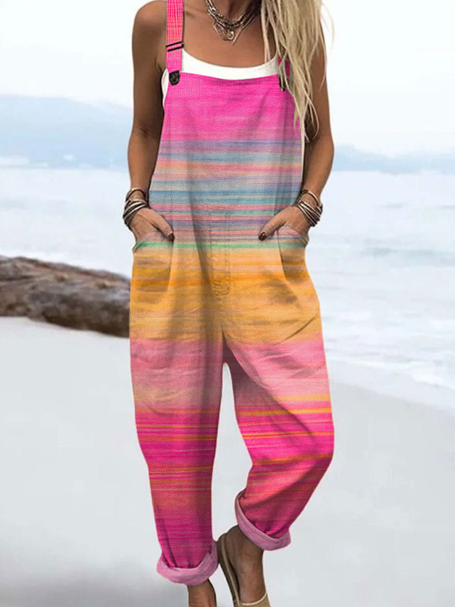 Women's  Vintage Gradient Art Print Casual 100% Cotton Wide Leg Jumpsuit